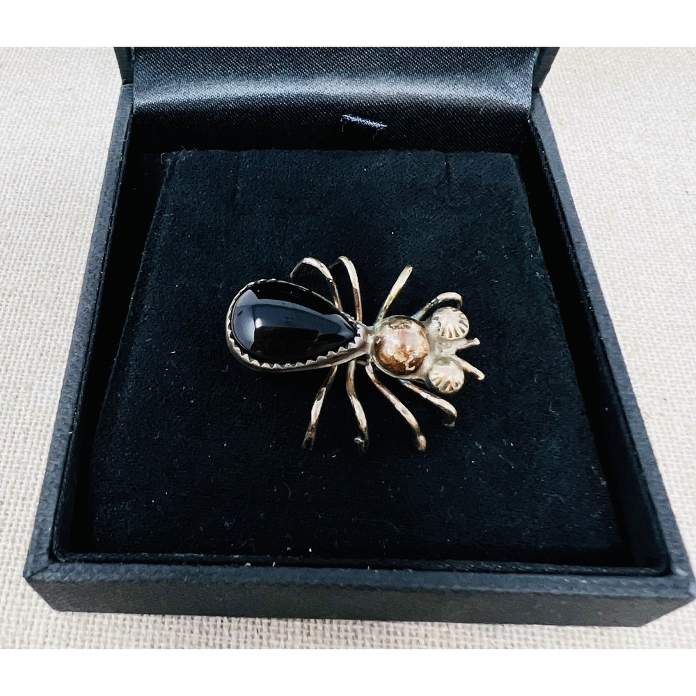 Vintage Benally Navajo Sterling Silver Black Onyx Spider Brooch Pin Signed